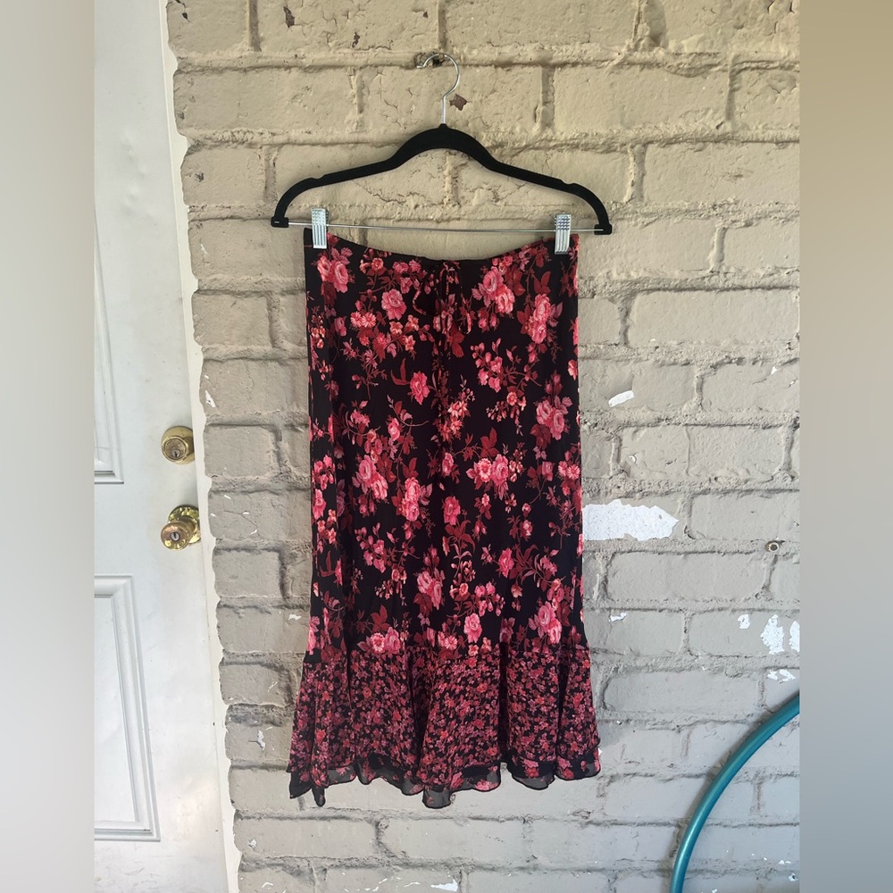 Dark Pink Floral Ruffle Midi Skirt